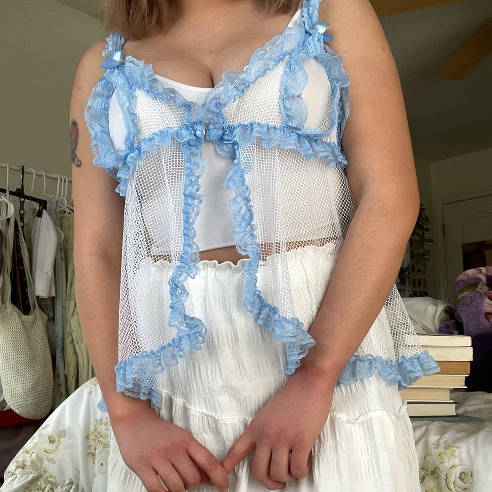 H.O.T. Brand White and Baby Blue Frilly Coquette Fish Net Lingerie Top